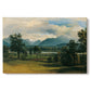 Canvas art print portraying a village landscape and countryside under wide sky, set against a white background