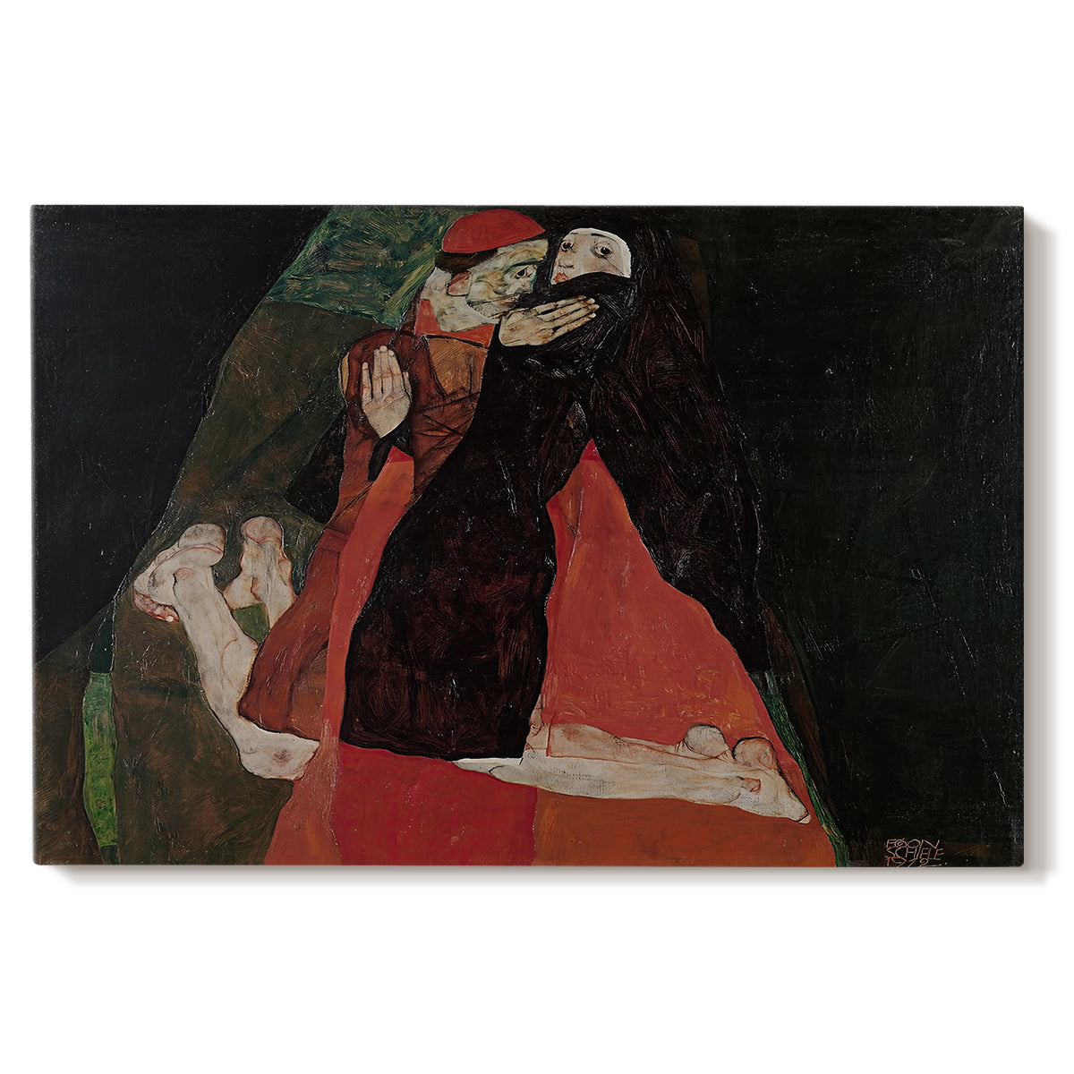 Canvas art print portraying two figures embracing intimately in stylized expressionist composition, set against a white background