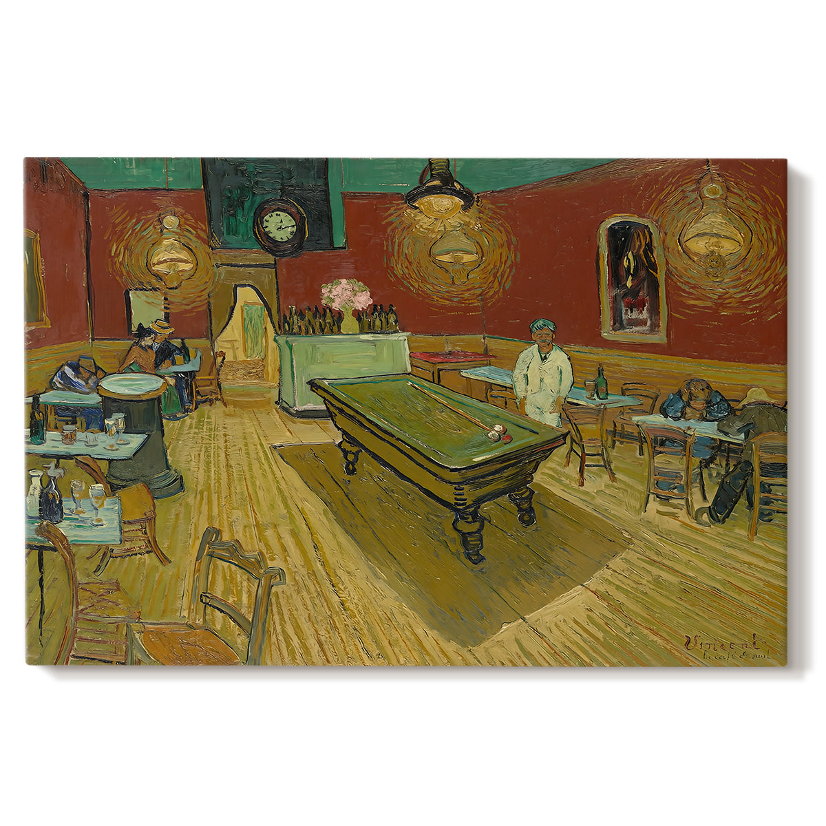 Canvas art print portraying a café interior with billiard table, lamps, and scattered figures under red walls, set against a white background