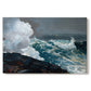 Canvas art print portraying powerful waves crashing against rocky coast under stormy sky, set against a white background