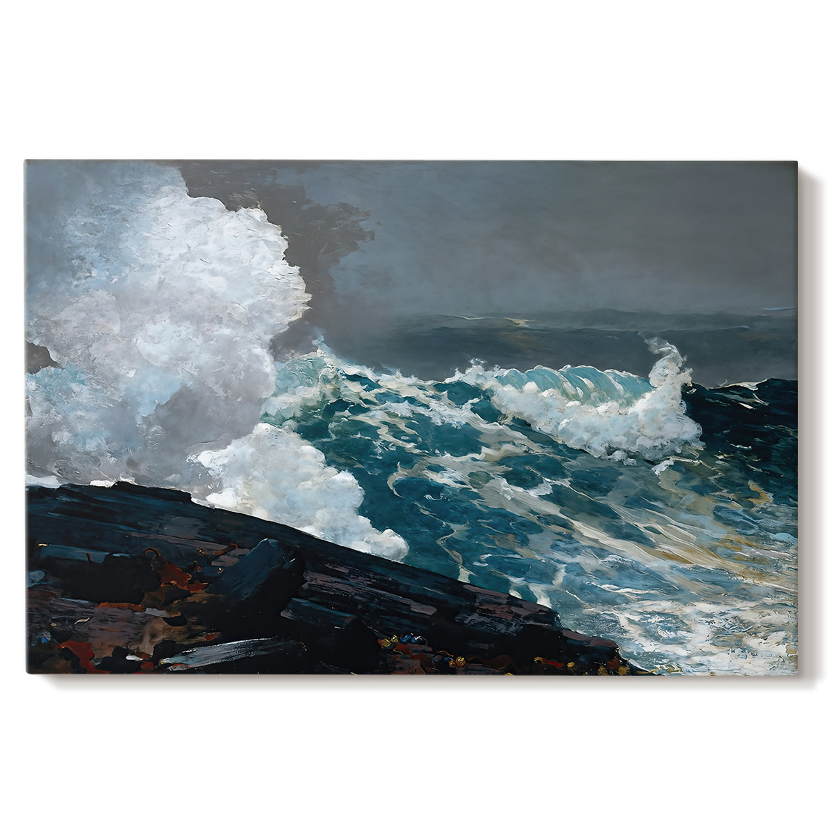 Canvas art print portraying powerful waves crashing against rocky coast under stormy sky, set against a white background
