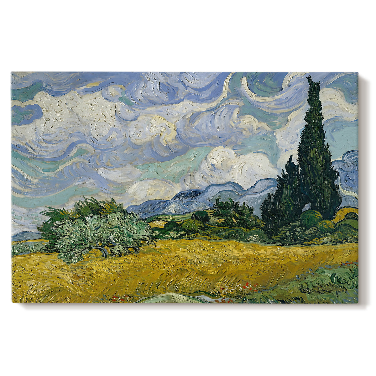 Canvas art print portraying a golden wheat field with tall cypress trees under swirling sky, set against a white background