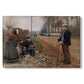 Canvas art print portraying a group of people gathered along dirt road in rural setting, set against a white background