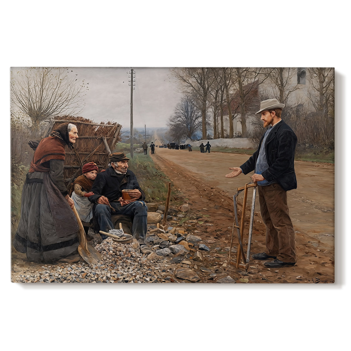 Canvas art print portraying a group of people gathered along dirt road in rural setting, set against a white background
