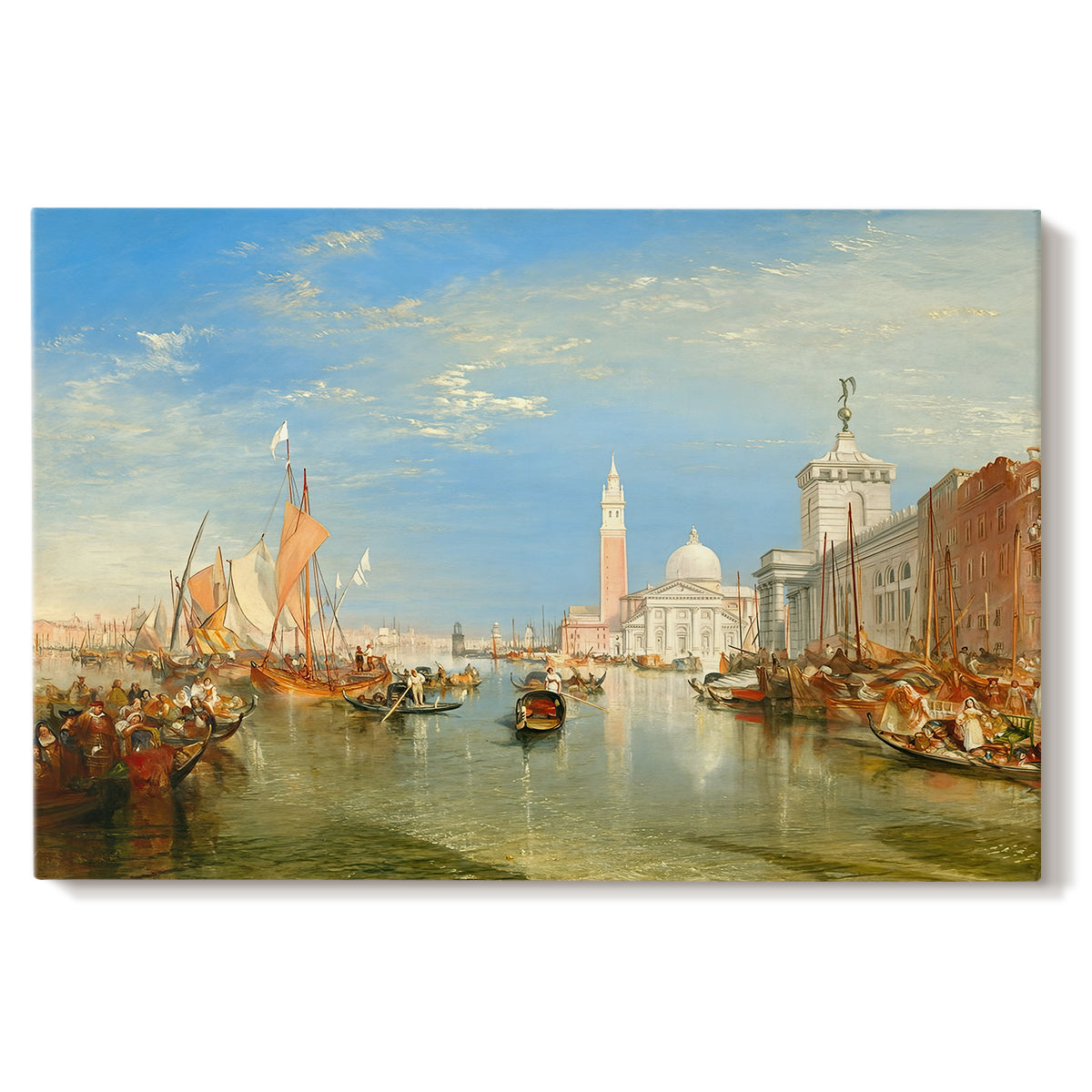 Canvas art print portraying a Venetian waterfront with boats and iconic buildings, set against a white background