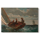 Canvas art print portraying a small sailboat with boys aboard leaning into wind on open water, set against a white background