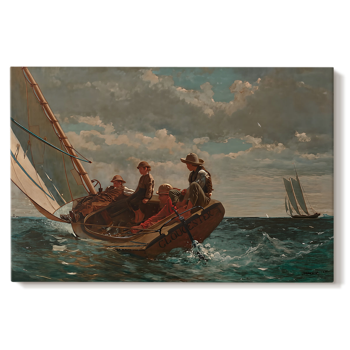 Canvas art print portraying a small sailboat with boys aboard leaning into wind on open water, set against a white background