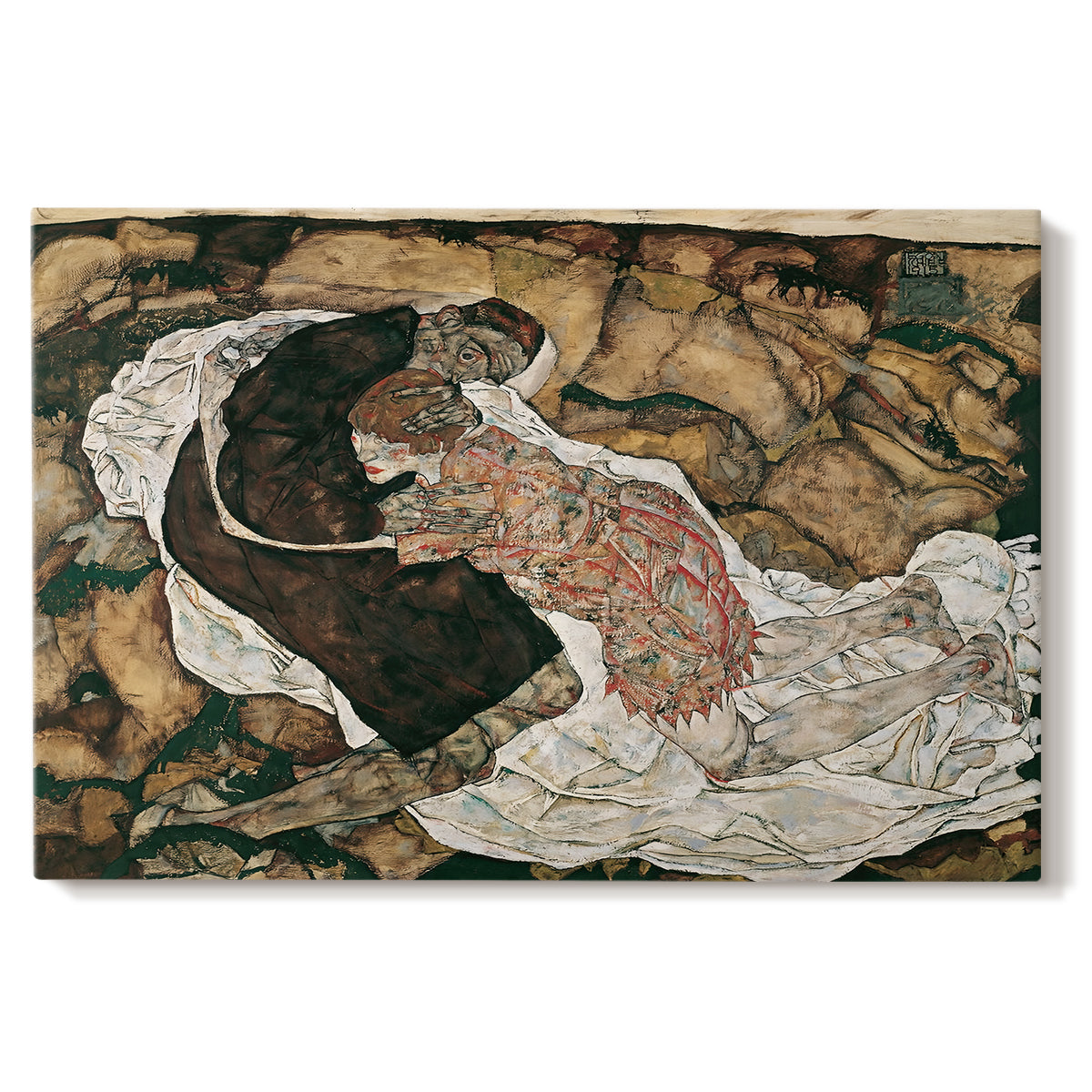 Canvas art print portraying intertwined figures representing death and woman in emotional embrace, set against a white background