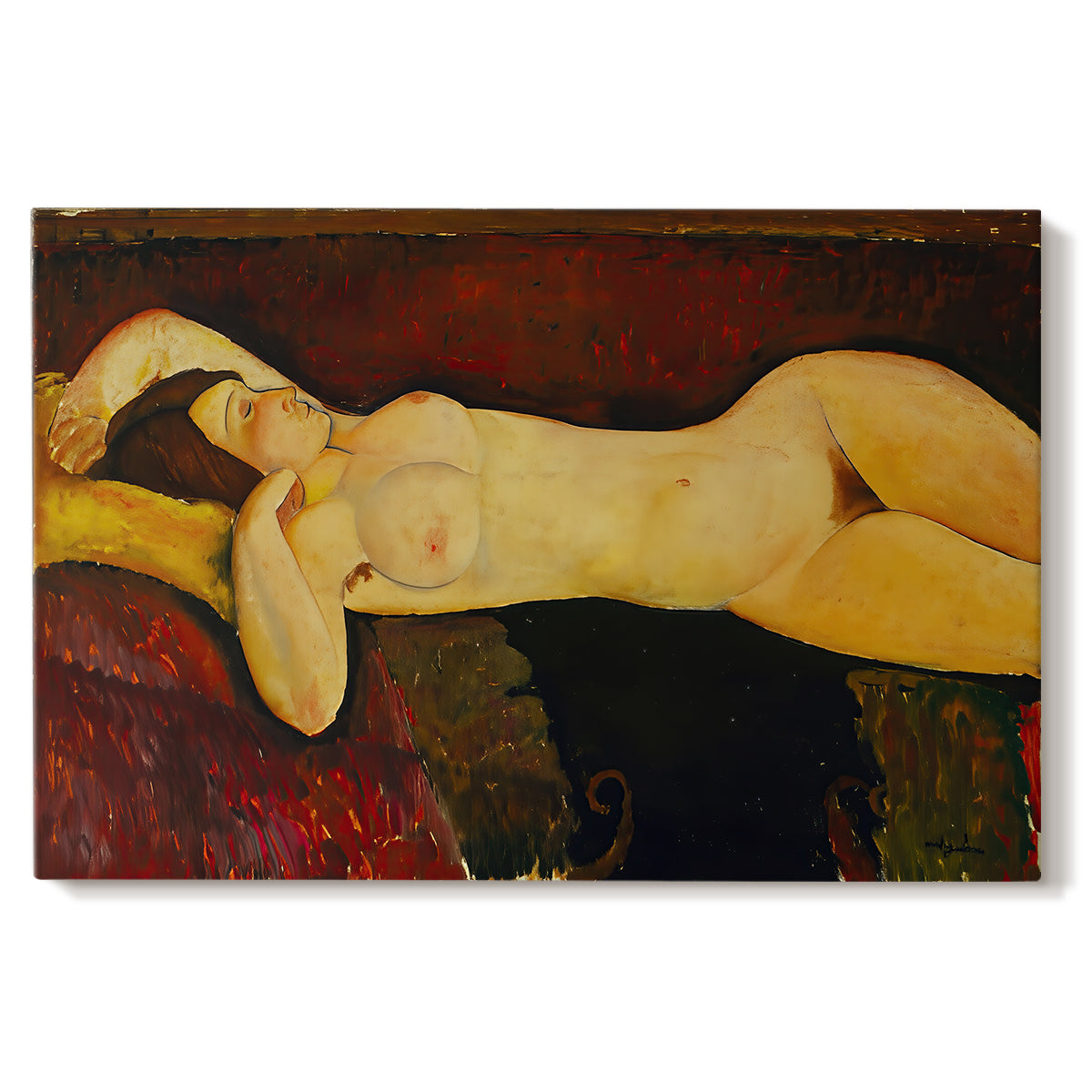 Canvas art print portraying a reclining nude woman with head turned and elongated body on draped surface, set against a white background