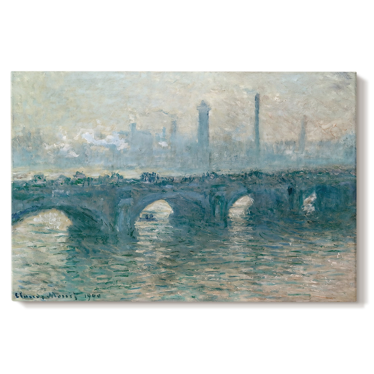 Canvas art print portraying a hazy view of Waterloo Bridge over river in gray atmospheric light, set against a white background