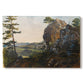 Canvas art print portraying rock formations within forested landscape, set against a white background