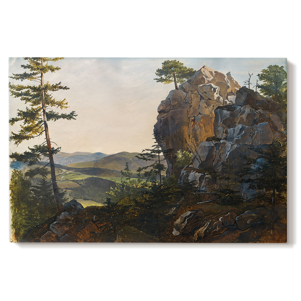 Canvas art print portraying rock formations within forested landscape, set against a white background