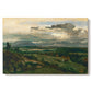 Canvas art print portraying a town set within landscape with cliffs and surrounding countryside, set against a white background