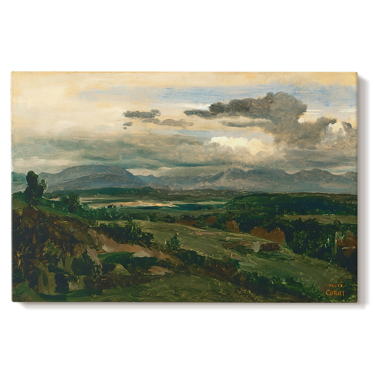 Canvas art print portraying a town set within landscape with cliffs and surrounding countryside, set against a white background