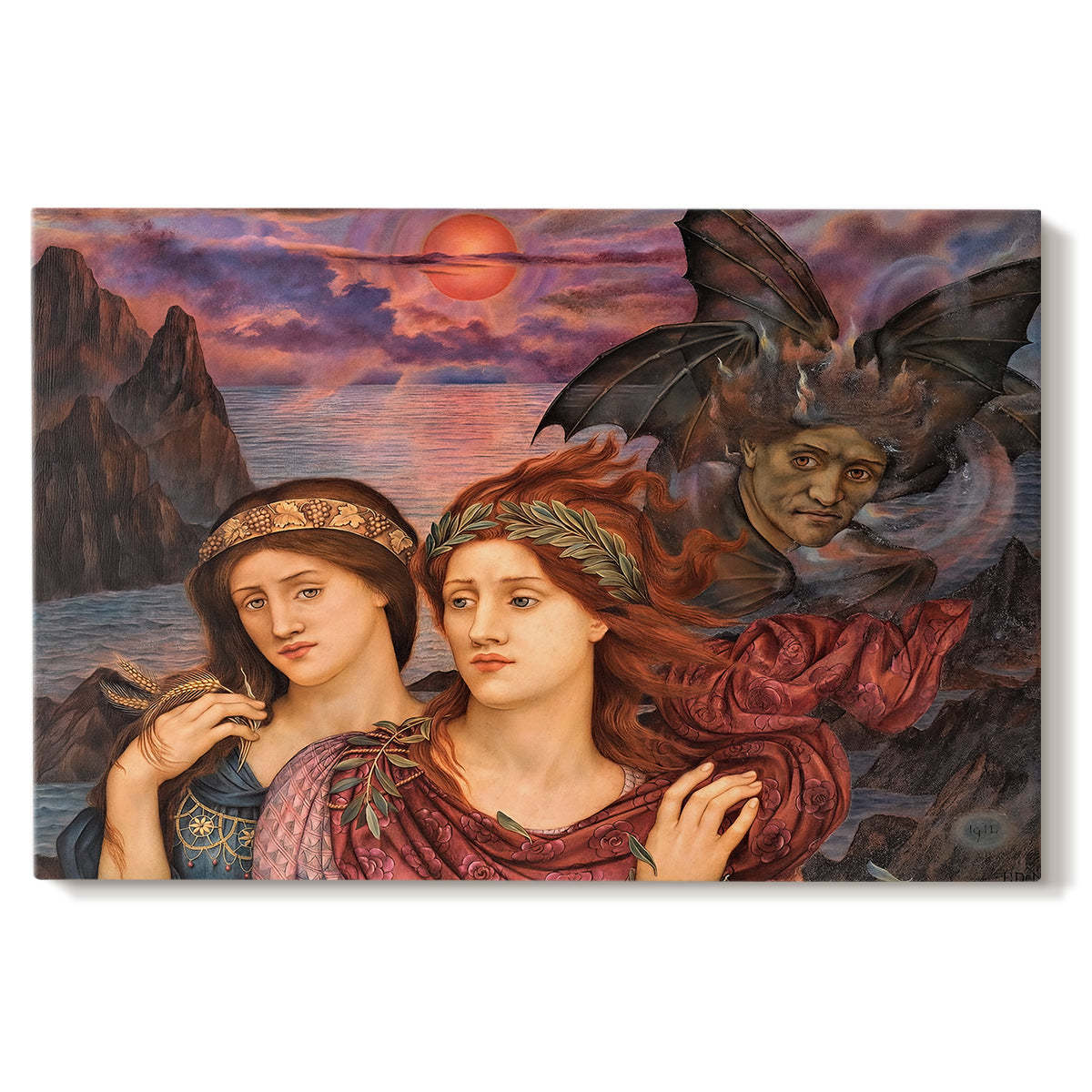 Canvas art print portraying two female figures gazing outward with vivid sky behind them, set against a white background