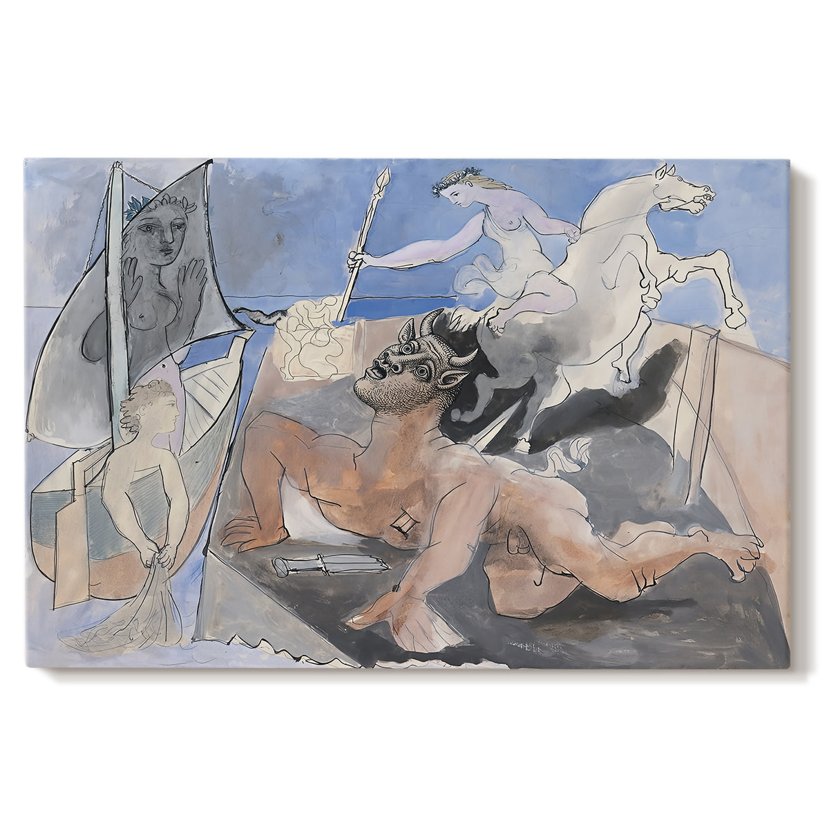 Canvas art print portraying a mythological minotaur in surreal sketch composition, set against a white background