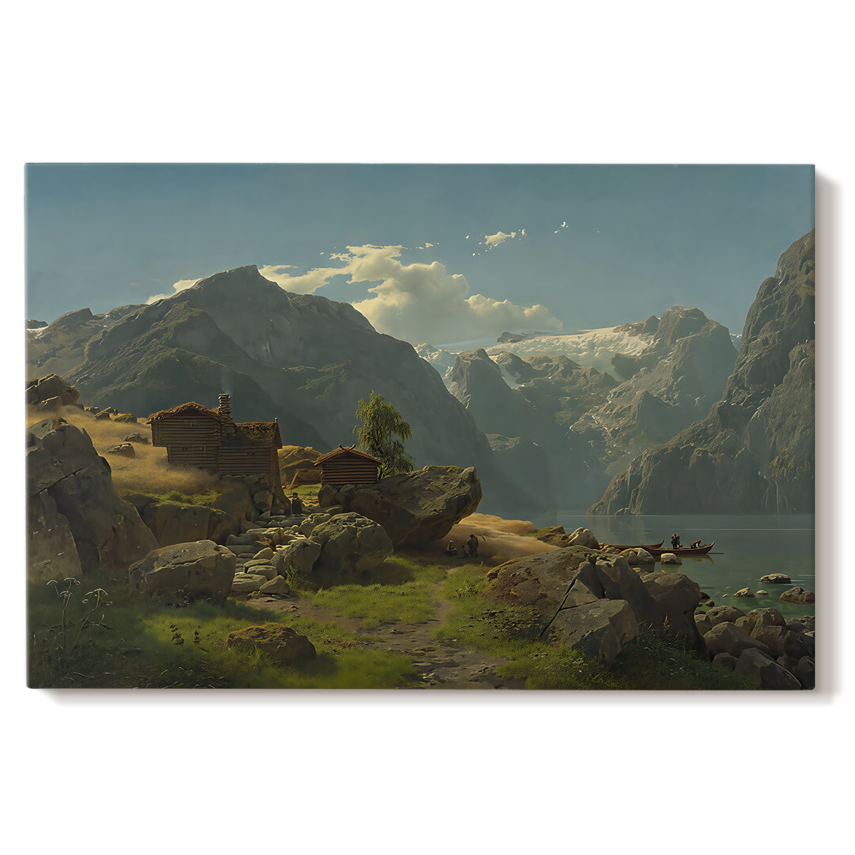 Canvas art print portraying a fjord landscape with mountains, water, and small settlement under open sky, set against a white background