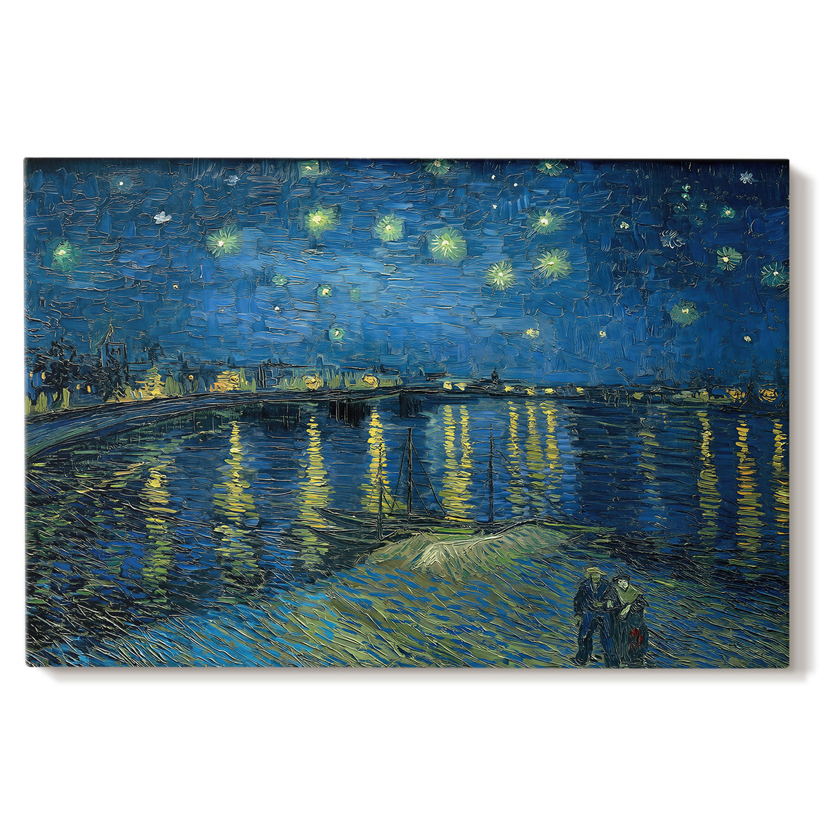 Canvas art print portraying a night scene with glowing stars reflected in river beside illuminated town, set against a white background