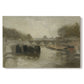 Canvas art print portraying a hazy bridge over water in a muted atmospheric landscape, set against a white background