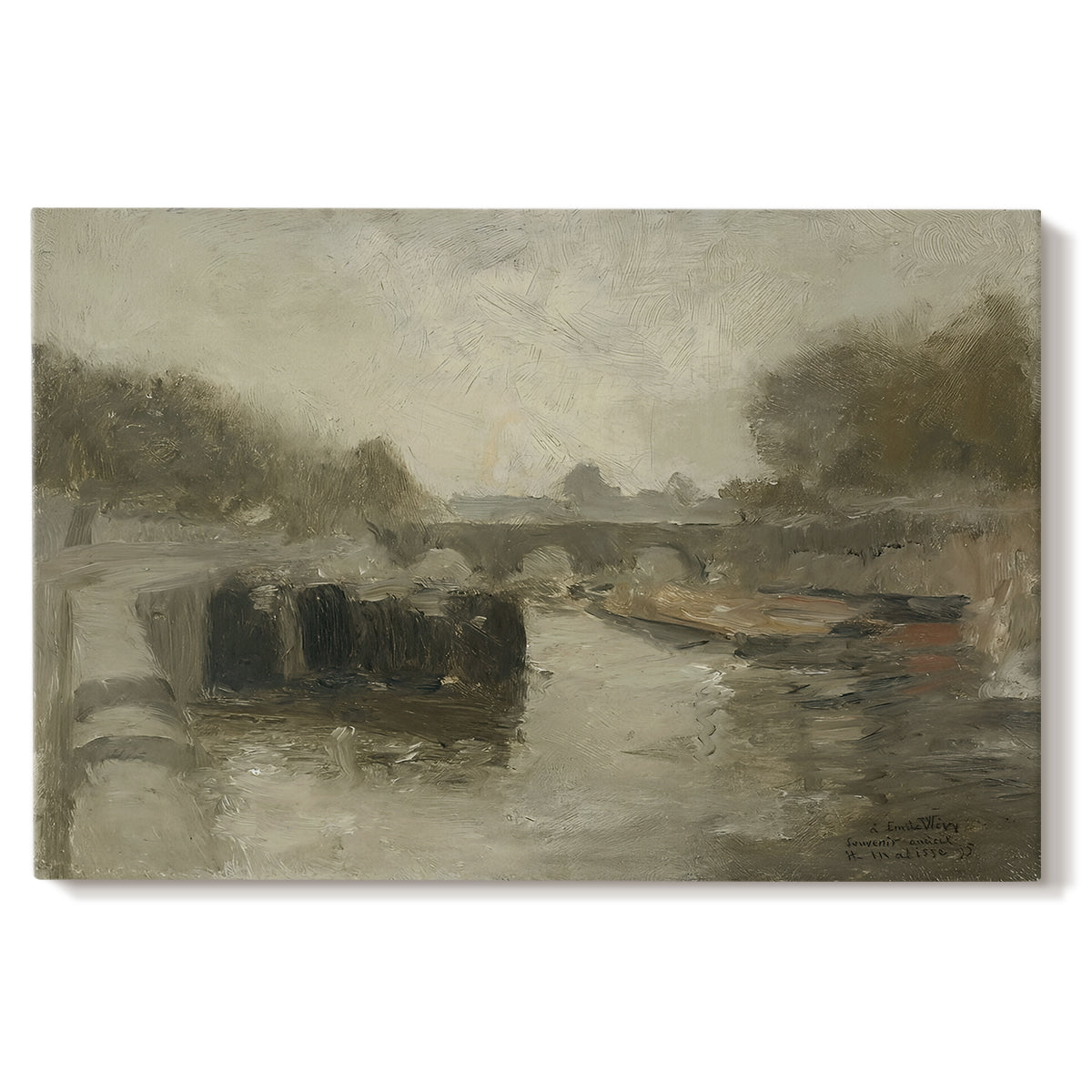 Canvas art print portraying a hazy bridge over water in a muted atmospheric landscape, set against a white background