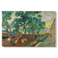 Canvas art print portraying an enclosed garden with trees and pathways rendered in vibrant brushwork, set against a white background