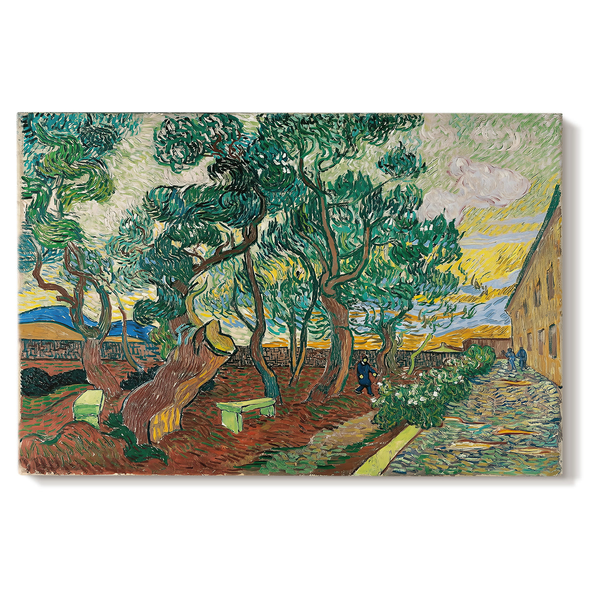 Canvas art print portraying an enclosed garden with trees and pathways rendered in vibrant brushwork, set against a white background