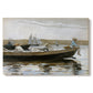 Canvas art print portraying two boys seated in small boat floating on calm water, set against a white background