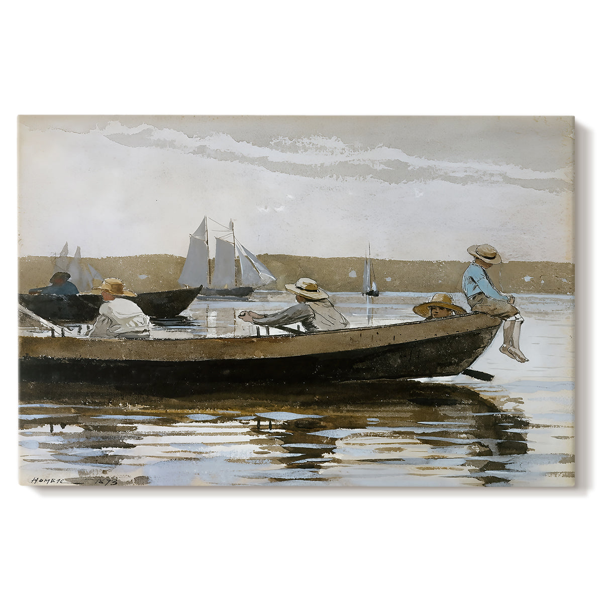 Canvas art print portraying two boys seated in small boat floating on calm water, set against a white background