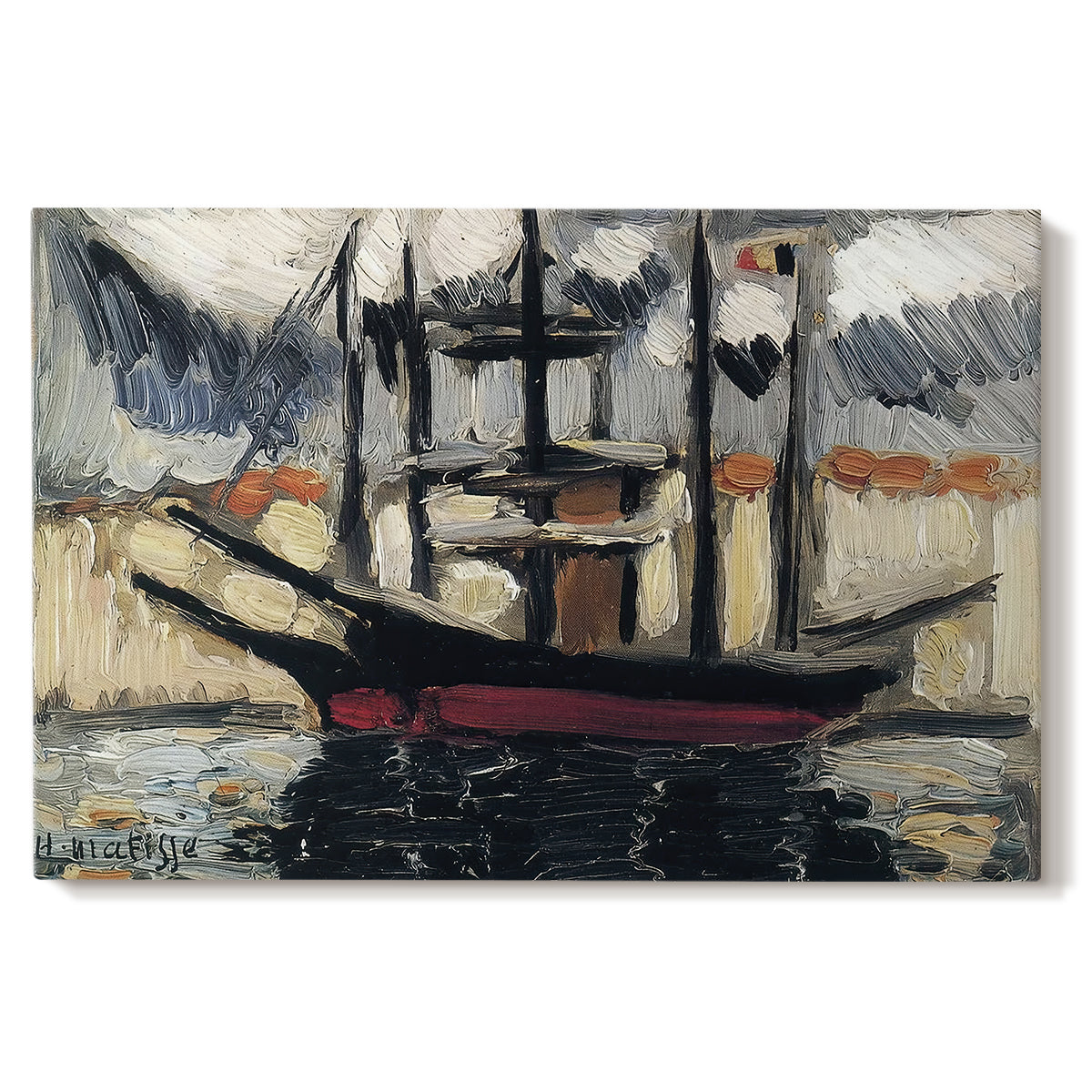 Canvas art print portraying two boats moored side by side with masts, set against a white background