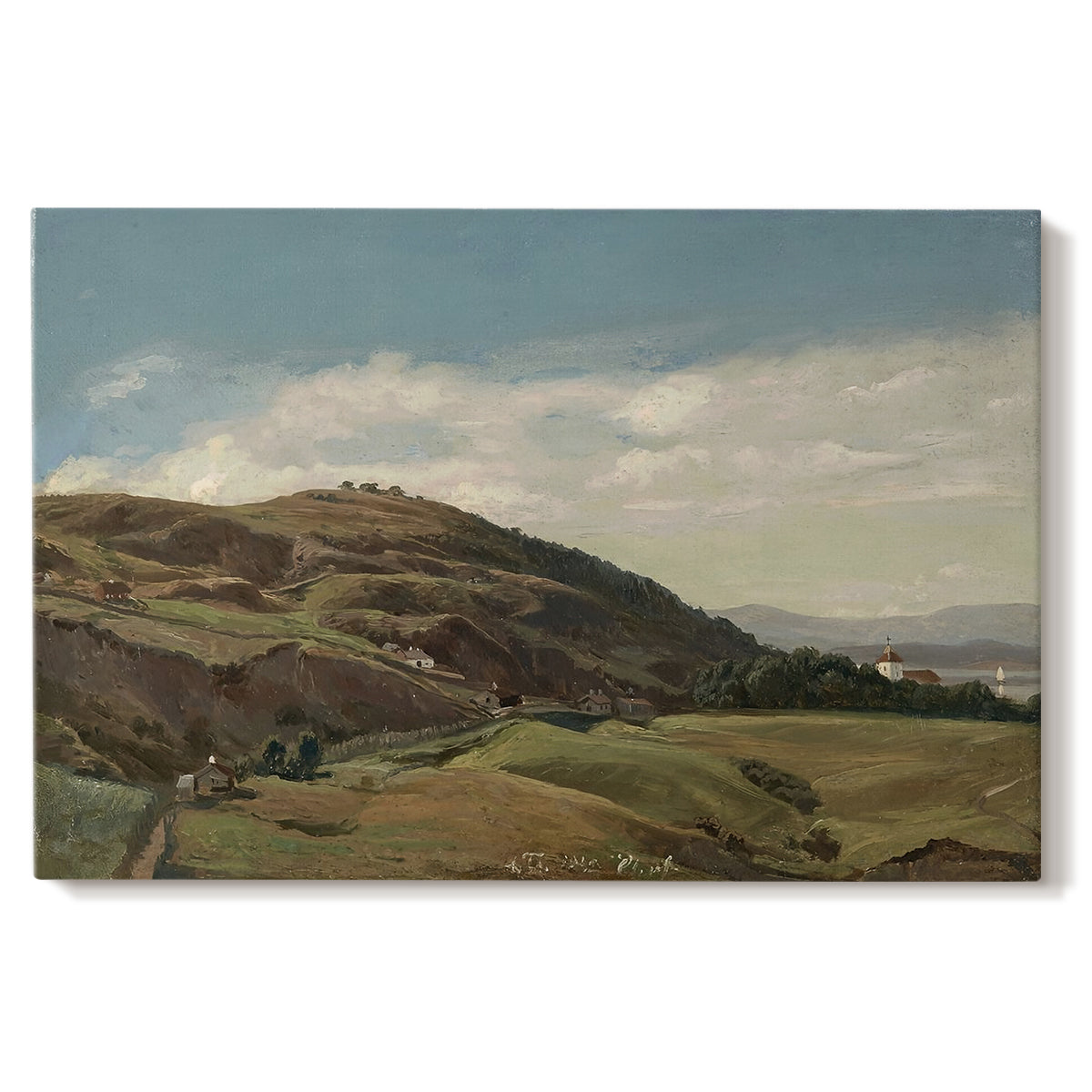 Canvas art print portraying a panoramic view of Oslo landscape with church and rolling hills under open sky, set against a white background