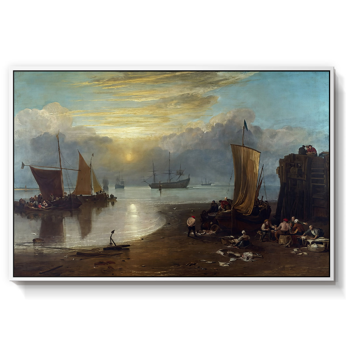 Sun Rising through Vapour: Fishermen Cleaning and Selling Fish, c. 1807 - Floater Framed Canvas Print
