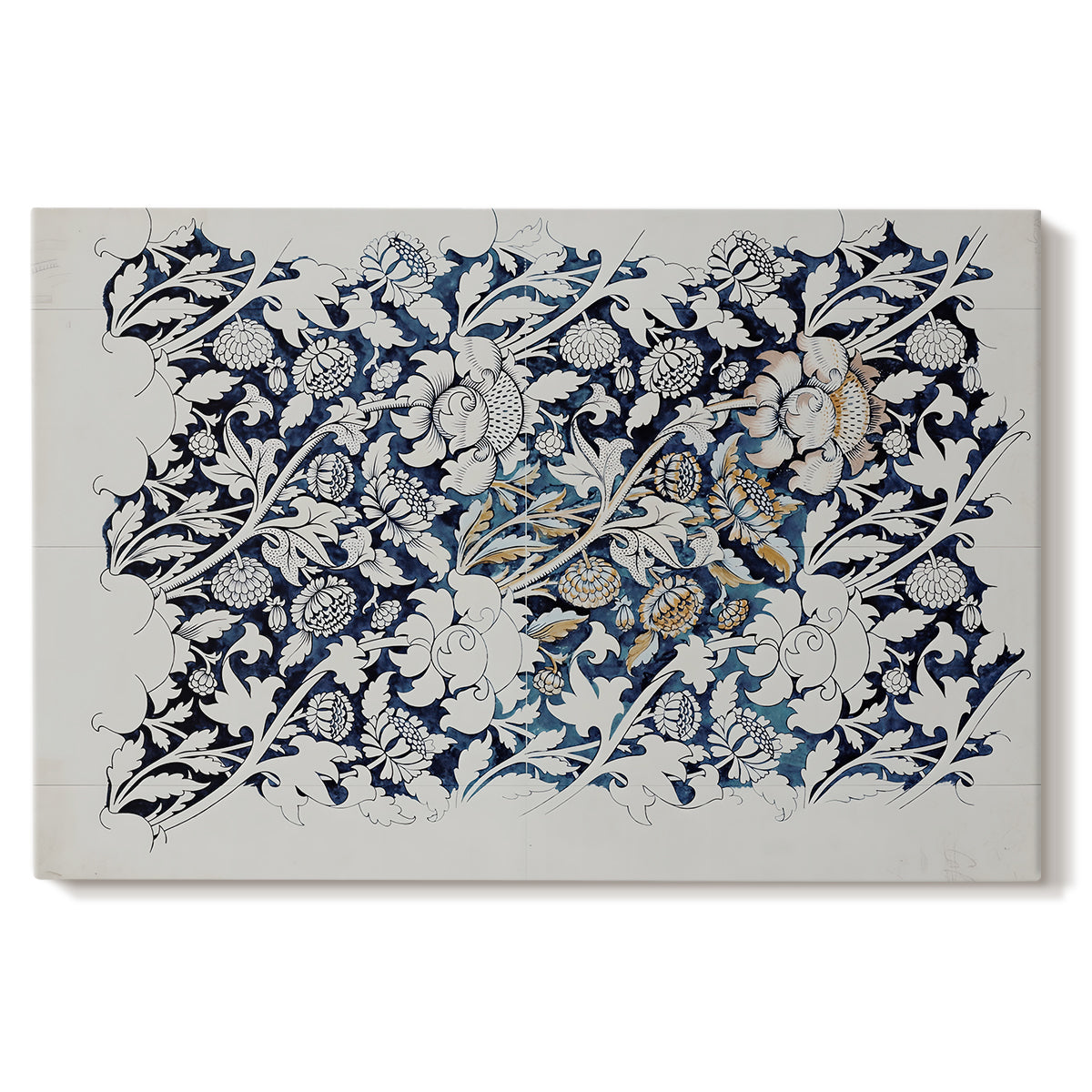 Canvas art print portraying a repeating floral design with flowing stems and scattered blossoms across light background, set against a white background
