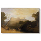 Canvas art print portraying a historic palace set within landscape with water and surrounding terrain, set against a white background