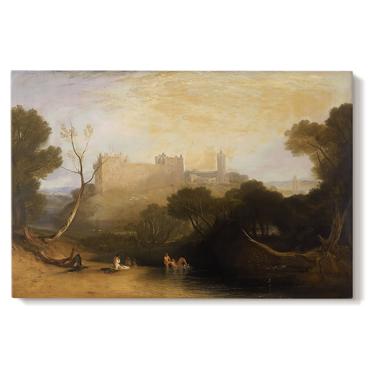Canvas art print portraying a historic palace set within landscape with water and surrounding terrain, set against a white background