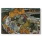 Canvas art print portraying a curved row of colorful houses forming crescent shape along water, set against a white background