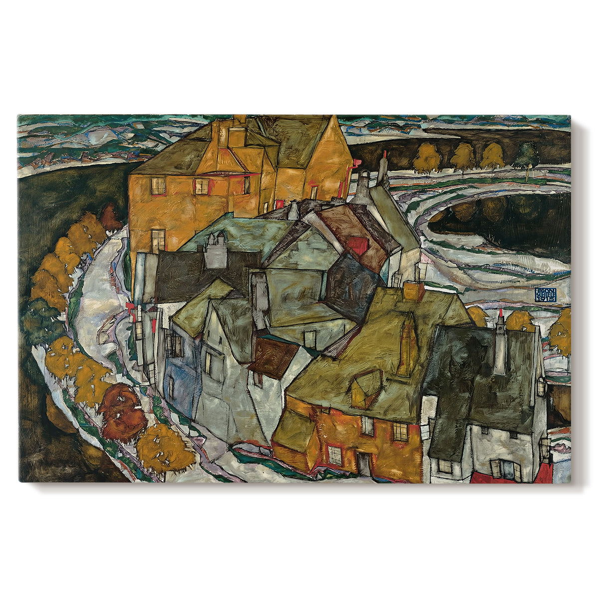 Canvas art print portraying a curved row of colorful houses forming crescent shape along water, set against a white background
