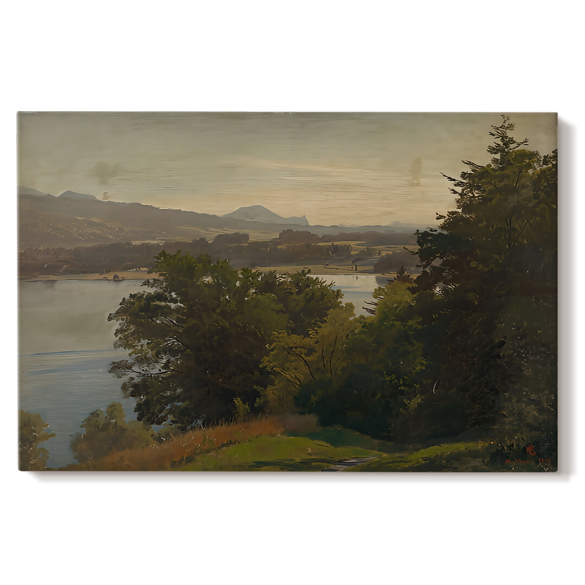 Canvas art print portraying a lake surrounded by hills with reflective water and open sky, set against a white background