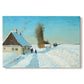 Canvas art print portraying a person shoveling snow outside house in bright winter landscape, set against a white background