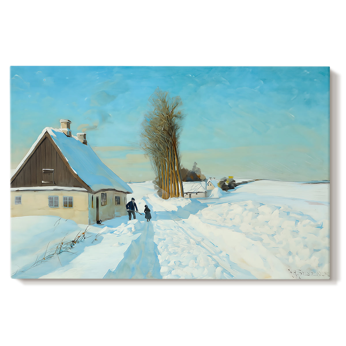 Canvas art print portraying a person shoveling snow outside house in bright winter landscape, set against a white background