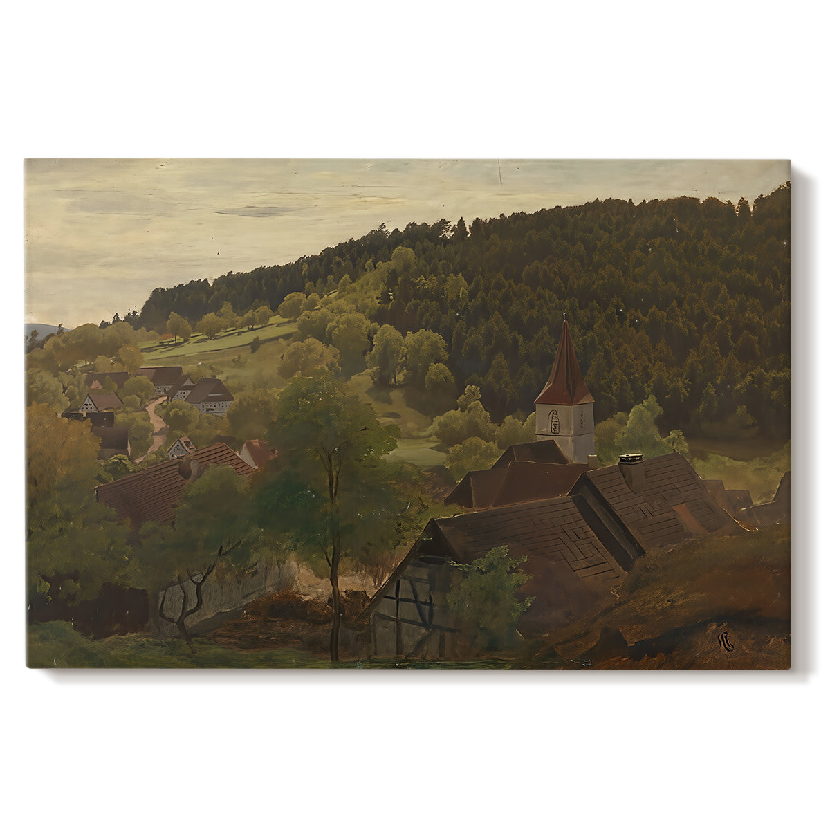 Canvas art print portraying an elevated landscape view overlooking valley and distant hills, set against a white background