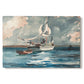 Canvas art print portraying a single sailboat moving across bright blue water under clear sky, set against a white background