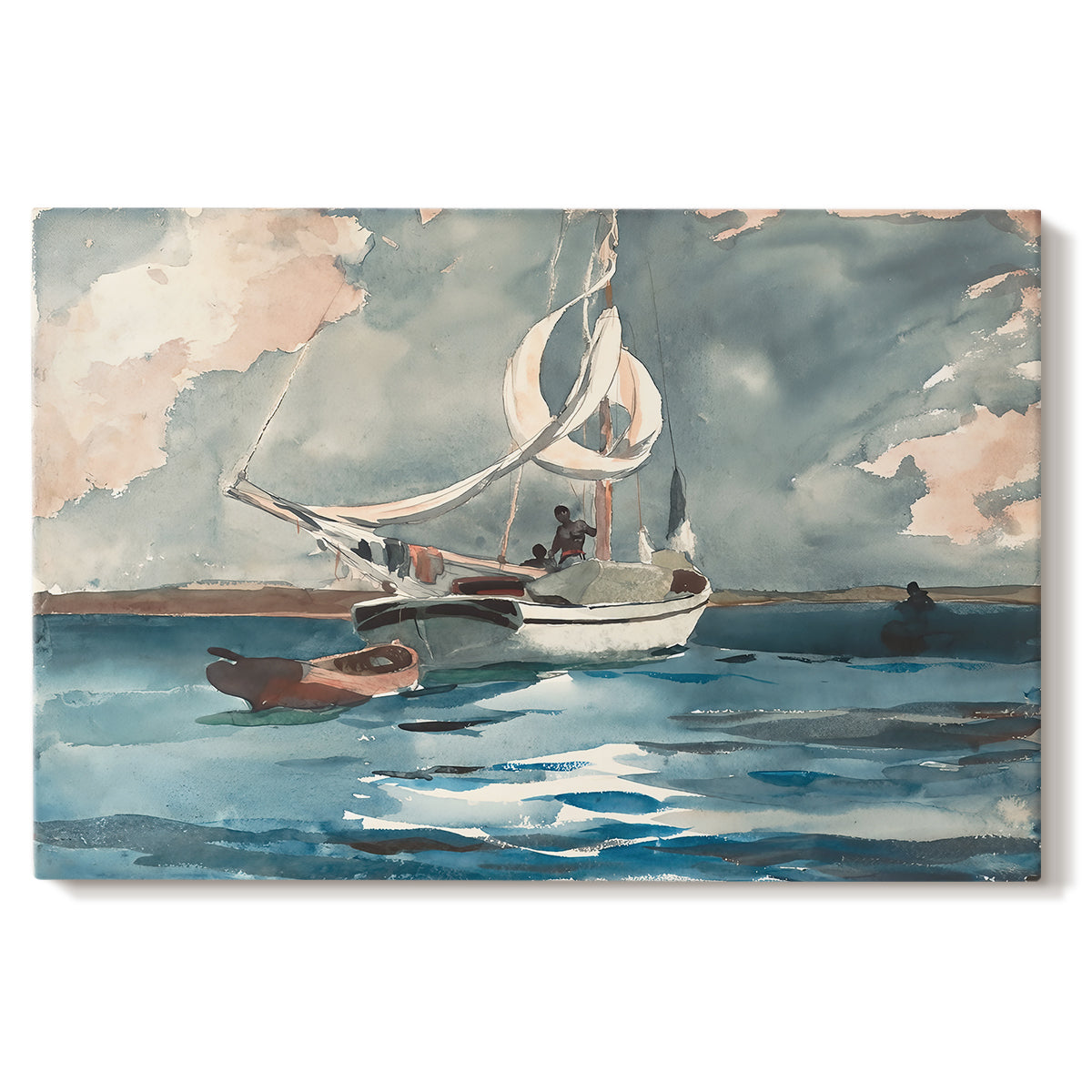 Canvas art print portraying a single sailboat moving across bright blue water under clear sky, set against a white background