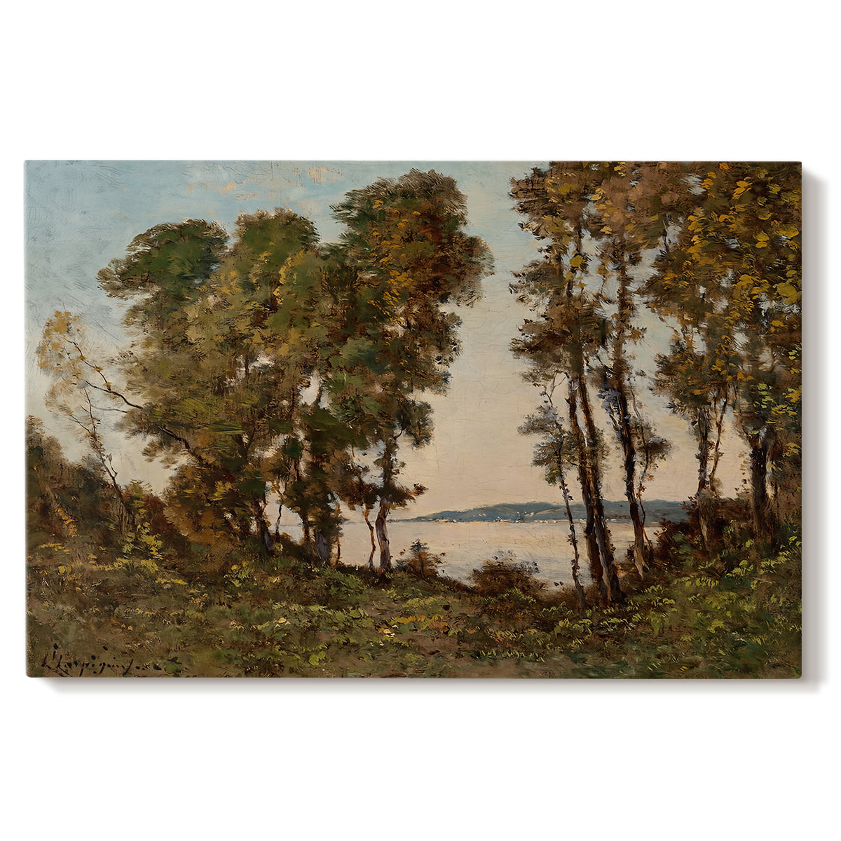 Canvas art print portraying a riverbank lined with trees and vegetation beside calm flowing water, set against a white background