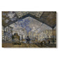 Canvas art print portraying a train station interior filled with steam and locomotives under iron structure, set against a white background