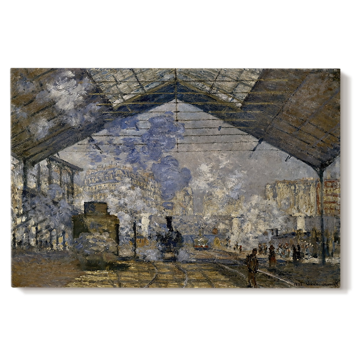 Canvas art print portraying a train station interior filled with steam and locomotives under iron structure, set against a white background