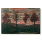 Canvas art print portraying four trees standing in open landscape against colorful sky, set against a white background