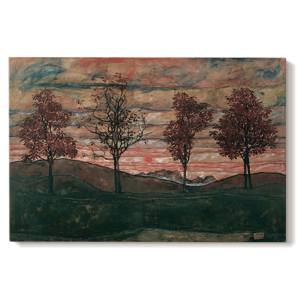 Canvas art print portraying four trees standing in open landscape against colorful sky, set against a white background