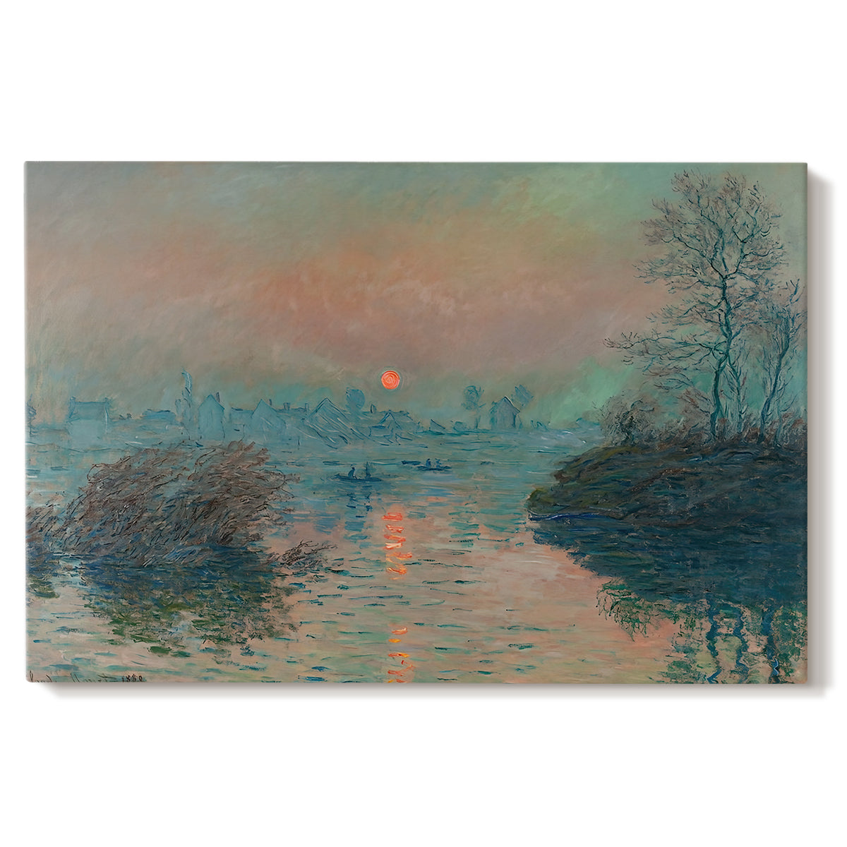 Canvas art print portraying a glowing sunset over snowy river landscape with soft reflections, set against a white background
