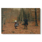 Canvas art print portraying a man and children walking together through forest carrying tools, set against a white background