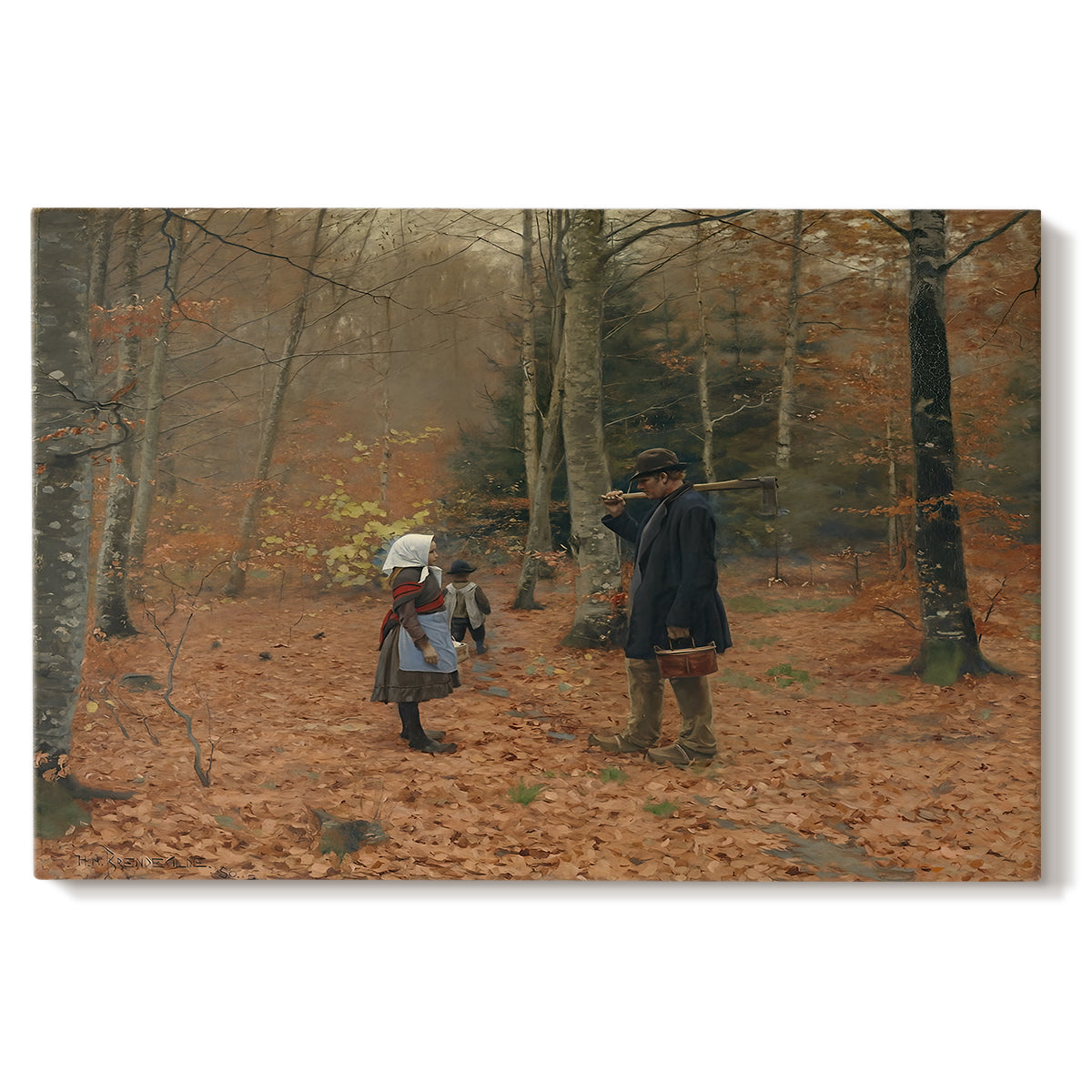 Canvas art print portraying a man and children walking together through forest carrying tools, set against a white background